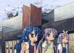  ahoge blue_eyes blue_hair bow building casual cinema closed_eyes cloud crossover eva_01 hair_bow hair_ribbon hiiragi_kagami hiiragi_tsukasa isou_nagi izumi_konata long_hair lucky_star movie_theater multiple_girls neon_genesis_evangelion pointing purple_eyes purple_hair ribbon short_hair sky smile tsurime twintails violet_eyes 