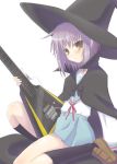  flying_v guitar hat instrument kneehighs maririn nagato_yuki purple_hair school_uniform short_hair skirt socks suzumiya_haruhi_no_yuuutsu witch_hat yellow_eyes 