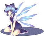  1girl blue_eyes blue_hair bow cirno hair_bow ice kneeling looking_at_viewer short_hair simple_background sitting smile solo touhou uranaishi_(miraura) v_arms wings 