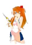  bad_id bandage bandages blue_eyes bra denim denim_shorts hair_ornament karasuma_tasuku knife kuro_koge lingerie long_hair neon_genesis_evangelion orange_hair rebuild_of_evangelion shikinami_asuka_langley shorts simple_background solo souryuu_asuka_langley sweatdrop underwear 