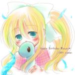  birthday blonde_hair blue_eyes blush dinosaur feather hair_ribbon kamio_misuzu key_(company) lowres ponytail ribbon yuzuki_(rurirara) 