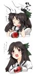  blush bow clenched_hands closed_eyes eyes fang hair_bow hair_tussle happy long_hair pain_(pixiv_137543) petting pine red_eyes reiuji_utsuho solo touhou translated 