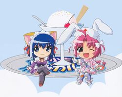  animal_ears ankle_boots black_legwear blue_eyes blue_hair boots braid chibi food ice_cream kokubunji_koyori multiple_girls nakahara_komugi nurse_witch_komugi-chan pink_eyes pink_hair print_legwear purple_legwear short_hair thighhighs 