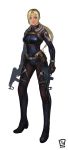  blue_eyes bodysuit breasts dual_wield dual_wielding gun highres jill_valentine legs lips long_hair machine_pistol ponytail realistic resident_evil resident_evil_5 ryouki_tamashii scorpion simple_background skorpion_vz._61 submachine_gun weapon 