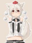  animal_ears bare_shoulders detached_sleeves fingerless_gloves gloves hat highres inubashiri_momiji midriff mound_of_venus red_eyes silver_hair simple_background smile solo tail tokin_hat touhou wakuwakusan wolf_ears wolf_tail 