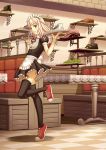  bad_id highres holding legs lips original pink_hair shoes sneakers solo terumii thigh-highs thighhighs tiptoes tray waist_apron waitress zettai_ryouiki 