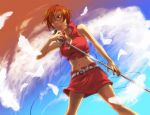  anno_(pixiv55039) bad_id belt brown_eyes brown_hair feathers meiko microphone microphone_stand midriff nail_polish navel short_hair skirt sky solo vocaloid 