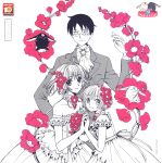  anniversary ascot bare_shoulders card_captor_sakura cardcaptor_sakura clamp company_connection crossover dual_persona flower formal frills gathers glasses gown hair_flower hair_ornament hand_holding hand_on_shoulder hands_together highres holding_hands jacket kinomoto_sakura mokona monochrome official_art partially_colored sakura_hime scan short_sleeves spot_color time_paradox tsubasa_chronicle watanuki_kimihiro xxxholic young 