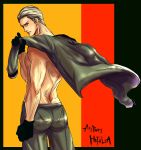  abs ass axis_powers_hetalia blonde_hair blue_eyes flag germany germany_(hetalia) gloves hair_slicked_back highres looking_back male manly military military_uniform muscle shirtless short_hair sideburns solo tokotoko uniform 