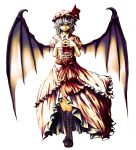  aduman bad_id bat_wings boots cross-laced_footwear fangs grin hat highres knee_boots lace-up_boots red_eyes remilia_scarlet short_hair silver_hair simple_background smile solo steepled_fingers touhou wings 