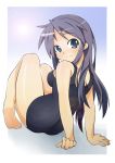  1girl barefoot blue_eyes hiiragi_miki long_hair lucky_star one-piece one-piece_swimsuit purple_hair school_swimsuit shing_(sorairo_factory) shing_xiang_bei smile solo swimsuit 