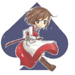  boots brown_eyes brown_hair dress hitobashira_alice_(vocaloid) lowres meiko mikage_(pixiv341935) short_hair smile solo spade sword vocaloid weapon 