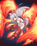  fiery_wings fire fujiwara_no_mokou hair_ribbon long_hair nanaran pants red_eyes ribbon silver_hair solo suspenders touhou wings 