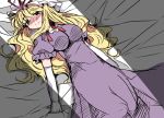  1girl bed_sheet blush breasts commentary_request dress elbow_gloves gloves hammer_(sunset_beach) hat long_hair looking_at_viewer lying mob_cap on_back purple_dress sheet_grab sketch smile solo touhou violet_eyes wavy_mouth white_gloves yakumo_yukari 