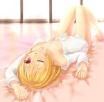  1girl blonde_hair bottomless breasts ex-rumia highres long_sleeves looking_at_viewer lying naked_shirt on_back one_eye_closed red_eyes rumia shiron_(e1na1e2lu2ne3ru3) shirt solo touhou 