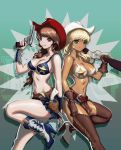  2girls bikini_top blonde_hair blue_eyes boots breasts brown_eyes brown_hair cleavage cowboy_hat dark_skin gun hat large_breasts long_hair lucky9 multiple_girls original rifle smile weapon western 