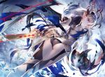  1girl armor ass black_legwear black_panties claws detached_sleeves dragon_girl dragon_horns dragon_tail dragon_wings fire_emblem fire_emblem_if from_below garter_straps gauntlets horns miyuki_ruria my_unit_(fire_emblem_if) panties pink_eyes pointy_ears silver_hair solo sword tail thigh-highs underwear weapon wings 