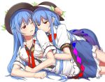  2girls alternate_breast_size blue_hair blush breast_grab breast_squeeze breasts cleavage commentary_request dual_persona food fruit girl_on_top hat hinanawi_tenshi long_hair multiple_girls neropaso one_eye_closed open_mouth peach puffy_sleeves red_eyes selfcest shirt short_sleeves skirt touhou very_long_hair 