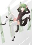  1girl animal_ears arms_up black_dress black_shoes blush cat_ears curly_hair double_v dress full_body green_eyes green_hair groin high_heels highres kemonomimi_mode kira_(pixiv10023770) long_sleeves looking_at_viewer onepunch_man paw_print shoes short_hair simple_background skin_tight small_breasts solo sunlight tatsumaki thigh-highs v white_legwear zettai_ryouiki 
