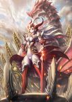  1girl armor blonde_hair breasts dragon highres long_hair lucky9 original red_eyes solo sword very_long_hair weapon 