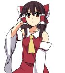  1girl adjusting_hair ascot bare_shoulders blush bow brown_hair detached_sleeves expressionless hair_bow hair_tubes hakurei_reimu large_bow leon_7 long_hair looking_at_viewer red_eyes skirt skirt_set solo touhou vest 