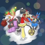  aegislash aggron christmas christmas_tree hat lucario mawile no_humans pokemon pokemon_(creature) ribbon santa_hat sleigh 