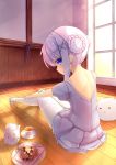  1girl alternate_costume alternate_hairstyle angora_rabbit animal back ballerina ballet_slippers bangs blue_eyes blurry blush bokeh braid cookie cup depth_of_field double_bun food gochuumon_wa_usagi_desu_ka? hair_up highres if_(asita) indoors kafuu_chino long_hair looking_at_viewer looking_back pantyhose plate rabbit shadow short_sleeves sitting solo tea teacup teapot tippy_(gochuumon_wa_usagi_desuka?) white_hair white_legwear window wooden_floor wooden_wall x_hair_ornament 