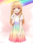  1girl beifeng_han blonde_hair blush cyou_shigen dress gradient_dress long_hair looking_at_viewer open_mouth original pen puffy_short_sleeves puffy_sleeves rainbow rainbow_gradient red_eyes revision short_sleeves simple_background smile solo 