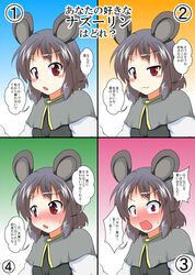  1girl animal_ears blush capelet commentary_request confession grey_hair highres looking_at_viewer mikazuki_neko mouse_ears nazrin open_mouth red_eyes touhou translated 