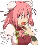  1girl ahoge blush breasts cuffs d: double_bun dress flower hand_to_own_mouth ibaraki_kasen leon_7 open_mouth orange_eyes pink_hair rose solo surprised tabard touhou 