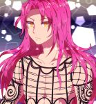  1boy caramell0501 character_name collarbone diavolo engrish fishnets jojo_no_kimyou_na_bouken long_hair male_focus pentagon_(shape) pink_hair ranguage solo tattoo upper_body yellow_eyes 