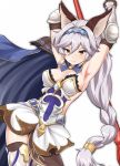  1girl animal_ears armor armored_dress armpits arms_up blush braid breasts cape cat_ears cleavage dress granblue_fantasy hairband heles long_hair polearm short_dress silver_hair single_braid smile solo spear strapless takitsubo thigh-highs very_long_hair weapon yellow_eyes 