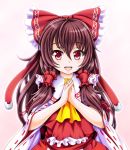  1girl :d ascot bow brown_hair detached_sleeves hair_bow hair_ribbon hair_tubes hakurei_reimu long_hair looking_at_viewer nontraditional_miko open_mouth red_eyes ribbon smile solo tk8d32 touhou 