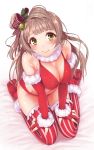  1girl bare_shoulders blush_stickers breasts christmas cleavage detached_sleeves embarrassed fingerless_gloves from_above gloves hands_on_own_knees kichiroku large_breasts light_brown_hair long_hair looking_at_viewer looking_up love_live!_school_idol_project midriff minami_kotori one_side_up red_legwear red_swimsuit seiza side_ponytail sitting solo swimsuit thigh-highs yellow_eyes 