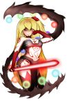  1girl alternate_costume armor bikini_armor blonde_hair boots breasts curvy energy_sword flandre_scarlet full_body_tattoo gloves highres hips lightsaber loincloth nanostar red_eyes side_ponytail sith smile solo star_wars sword tattoo thigh-highs thigh_boots touhou weapon wings 