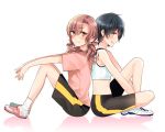  2girls ano_ko_ni_kiss_to_shirayuri_wo back-to-back black_hair blue_eyes blush brown_eyes canno multiple_girls nikaido_moe official_art pink_hair senoo_mizuki short_hair sitting smile sports_bra sportswear yuri 