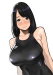  1girl absurdres bare_shoulders black_hair blush breasts brown_eyes competition_swimsuit highres long_hair looking_at_viewer one-piece_swimsuit original smile solo swimsuit tani_(sgt_epper) white_background 