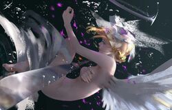  1girl angel angel_wings barefoot blonde_hair covering covering_breasts falling feathered_wings fetal_position hair_ornament halo hand_on_breast nude original petals red_lips solo water weapon wings wlop 