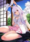  1girl animal_ears blush bra breasts cleavage clouds fan kyon_(fuuran) large_breasts long_hair looking_at_viewer open_clothes open_door open_shirt purple_hair rabbit_ears red_eyes reisen_udongein_inaba shirt sitting skirt sky sliding_doors solo sweat tatami touhou underwear wariza wet wet_clothes 