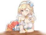  1girl bare_shoulders blonde_hair blush bracelet breasts brown_eyes cleavage collarbone djeeta_(granblue_fantasy) elbow_rest granblue_fantasy hairband hakuishi_aoi hand_to_own_mouth jewelry looking_at_viewer miniskirt one_eye_closed orange_skirt parted_lips puffy_short_sleeves puffy_sleeves short_hair short_sleeves skirt smile solo table white_background 