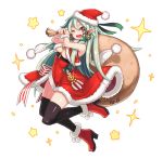  1girl bail blush breasts capelet christmas cleavage dress gloves green_hair hair_ornament hat long_hair looking_at_viewer one_eye_closed original pointy_ears red_eyes ribbon sack santa_costume santa_hat solo thigh-highs 