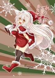  1girl animal_ears bag black_legwear blonde_hair breasts christmas eyebrows fang fox_ears fox_tail gloves hat kohaku_(yua) large_breasts long_hair open_mouth original red_gloves running santa_costume santa_hat smile solo tail thick_eyebrows thigh-highs very_long_hair yellow_eyes yua_(checkmate) zettai_ryouiki 