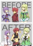  1boy 2girls :t aisha_(elsword) anger_vein before_and_after breasts cleavage closed_eyes collar detached_sleeves dress dual_persona elsword elsword_(character) fingerless_gloves flower frilled_skirt frills gloves green_hair hair_flower hair_ornament hair_tubes midriff multiple_girls navel open_mouth panties pleated_skirt pointy_ears purple_hair redhead rena_(elsword) ribbed_sweater ribbon shironekojr short_dress side_ponytail skirt smile sparkle sweat sweater tattoo tri_tails underwear 