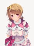  1girl blush breasts brown_hair dress earmuffs fur_trim gloves hair_ribbon koizumi_hanayo large_breasts looking_at_viewer love_live!_school_idol_project ribbon short_hair siva_(executor) smile snow_halation solo violet_eyes white_gloves 