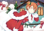  blush christmas green_eyes kousaka_honoka love_live!_school_idol_project orange_hair sack santa_outfit short_hair sky smile wink 