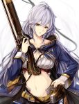  1girl belt braid breasts cape cleavage_cutout crop_top granblue_fantasy gun hair_between_eyes hand_on_hip highres large_breasts long_hair looking_at_viewer midriff navel open_mouth oyu_(sijimisizimi) shell_casing silva_(granblue_fantasy) silver_hair skirt skirt_set solo twin_braids very_long_hair wavy_hair weapon yellow_eyes 