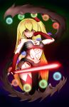  1girl alternate_costume armor bikini_armor blonde_hair boots breasts curvy energy_sword flandre_scarlet full_body_tattoo gloves highres hips lightsaber loincloth nanostar red_eyes side_ponytail sith smile solo star_wars sword tattoo thigh-highs thigh_boots touhou weapon wings 