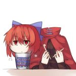  1girl :/ bags_under_eyes bow cape chopsticks cloak cup disembodied_head expressionless food hair_between_eyes hair_bow long_sleeves noodles ramen red_eyes redhead sekibanki sh_(562835932) short_hair simple_background sketch solo touhou white_background 