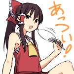  &gt;:o 1girl :o annoyed ascot bare_arms bow brown_hair d:&lt; fan hair_bow hair_tubes hakurei_reimu hot large_bow leon_7 long_hair looking_at_viewer open_mouth paper_fan ponytail red_eyes sarashi sitting skirt skirt_set sleeveless solo sweat touhou vest 