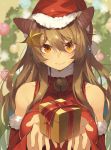  1girl animal_ears bare_shoulders bell blush box breasts brown_eyes brown_hair cat_ears detached_sleeves fur_trim gift gift_box hair_ornament hat jingle_bell katou_itsuwa large_breasts long_hair looking_at_viewer original santa_costume santa_hat smile solo star_hair_ornament upper_body 